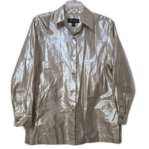 Linda Allard Ellen Tracy Silk Effervescent Shiny Button-Down Collared Shirt 12
